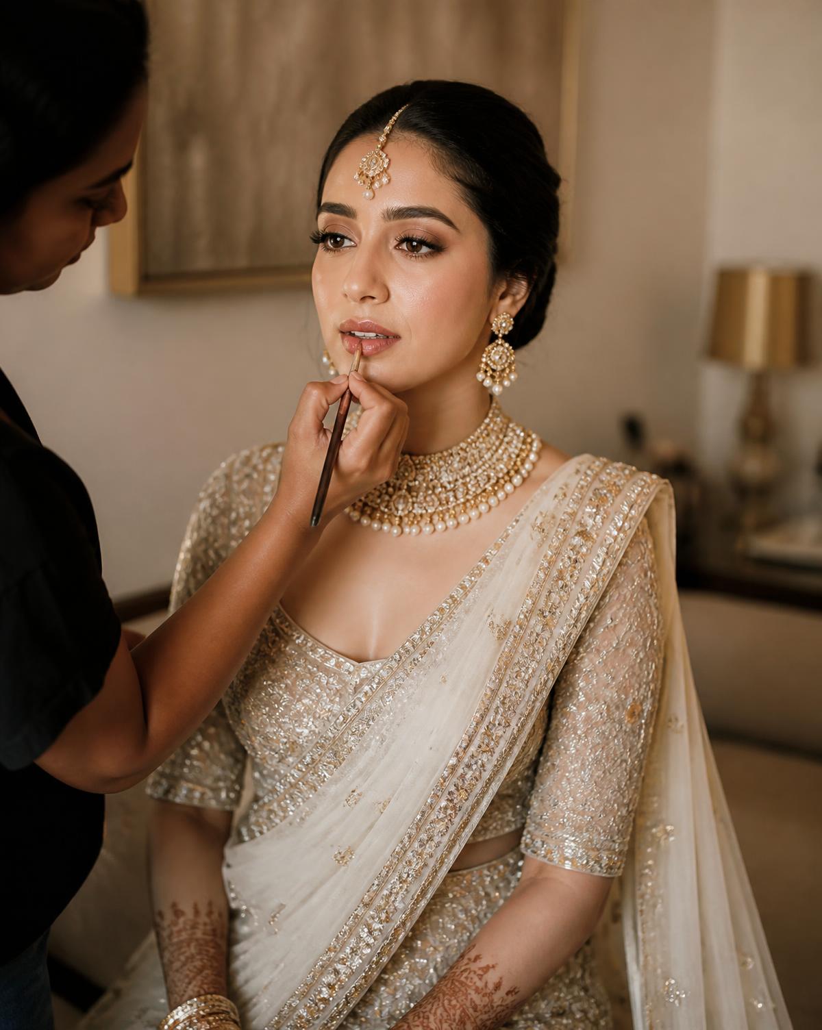 Bride receiving elegant professional makeup