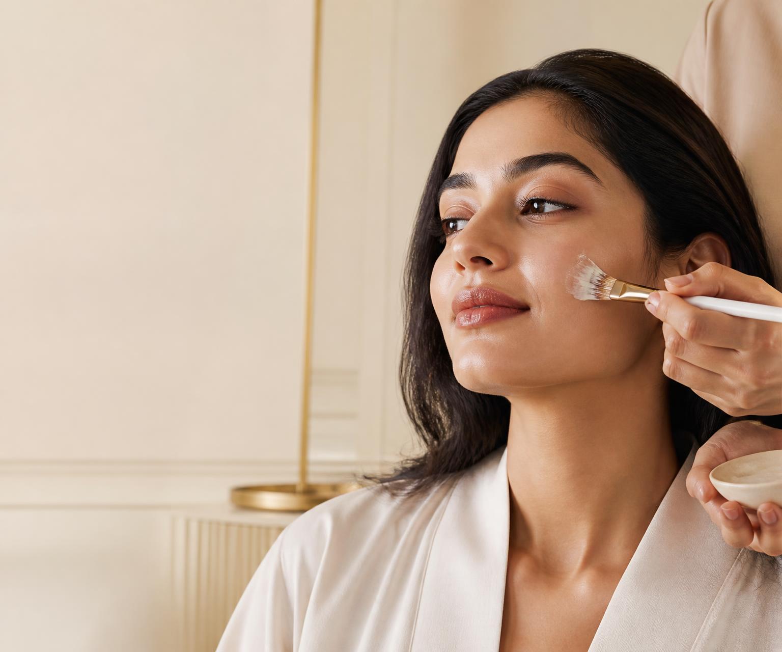 Woman receiving a premium facial treatment at home