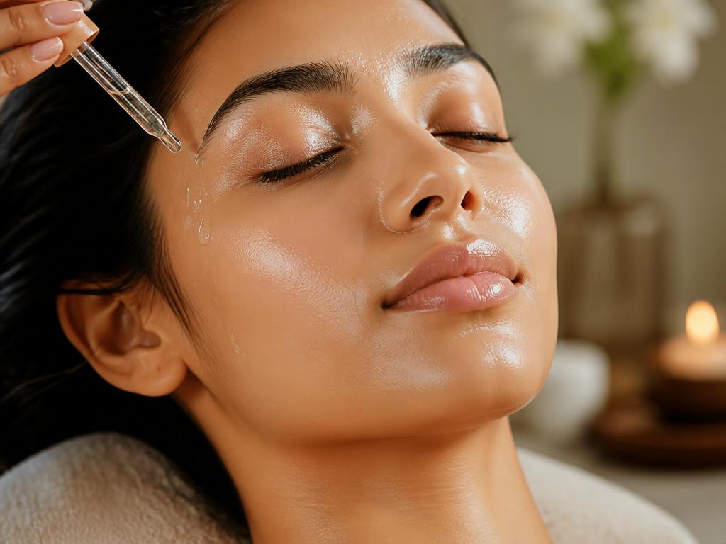 Hydrating serum applied during a luxury facial