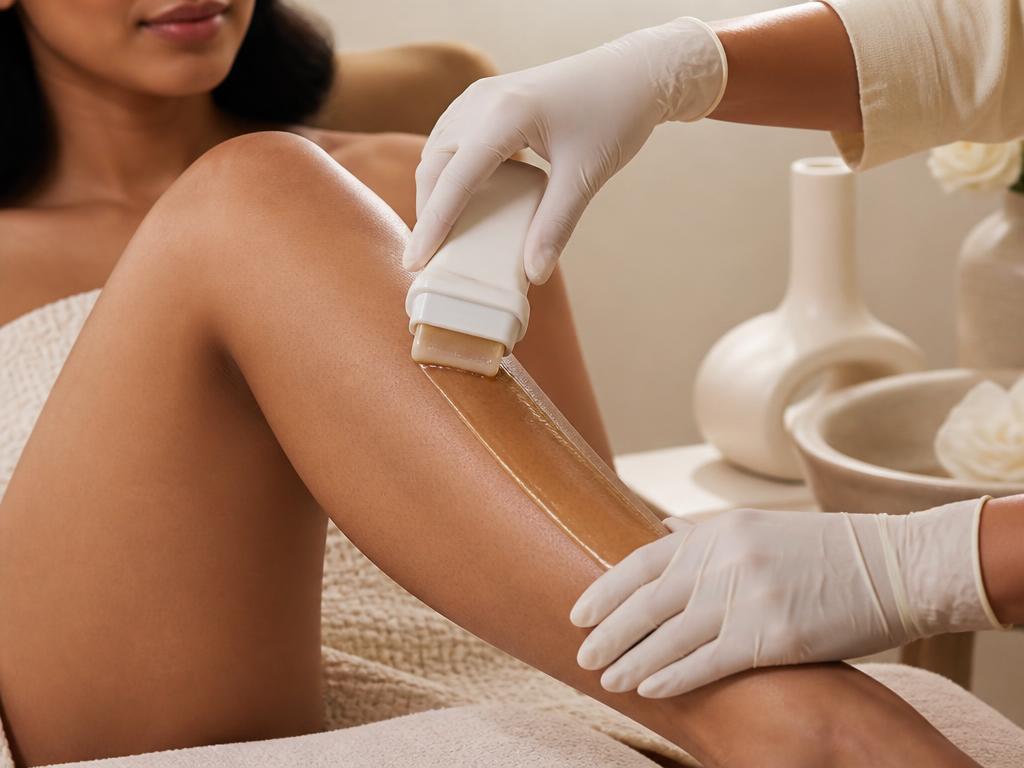 Roll-on wax applied to the leg by a gloved professional